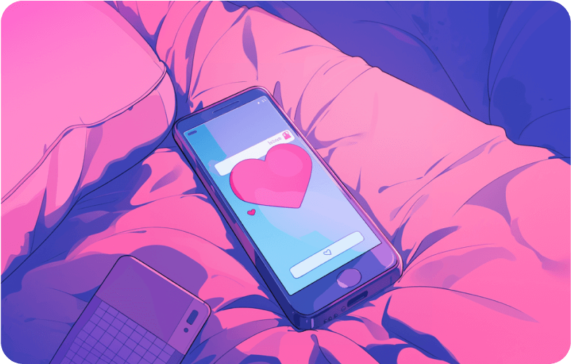 A phone that lays on a bed and has heart displayed on it.