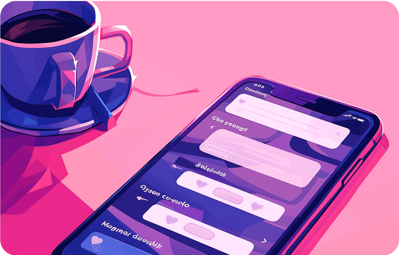 A phone on table with coffe mug next it in an illustrative comic style. On the phone is a dating app opened