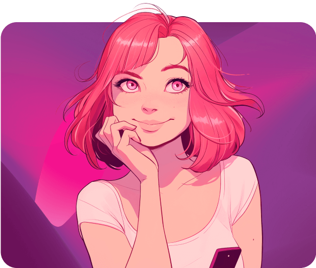 A illustrated comic girl in a white top thinking and looking very focused.